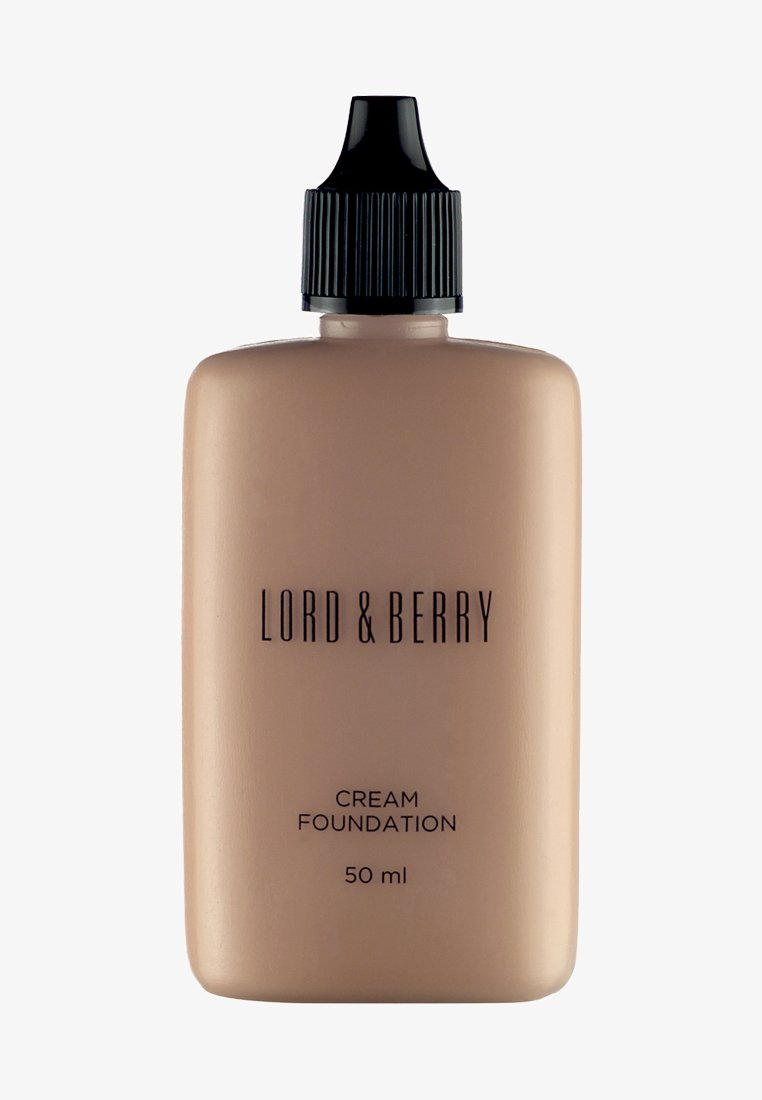 Bouteille en plastique beige de fond de teint crème Lord & Berry avec bouchon à vis noir, étiquetée 50 ml.