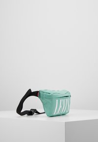 Marsupio verde menta con un grande logo bianco "LEVIS", realizzato in tessuto resistente, dotato di una tracolla nera regolabile e chiusura con zip.