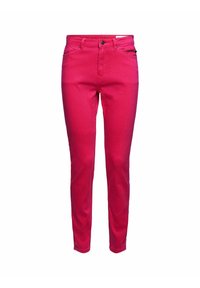 Pantalon slim rose vif avec bouton à l'avant, braguette zippée, passants de ceinture et design cinq poches, présenté sur fond blanc.