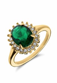 Green oval-cut gemstone ring set in gold, surrounded by small clear stones. Smooth band with detailed prong setting.