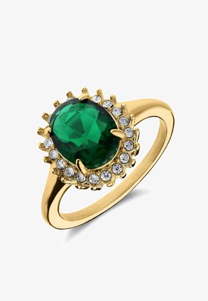 Groene ovale edelsteenring gezet in goud, omringd door kleine heldere stenen. Gladde band met gedetailleerde klauwinstelling.
