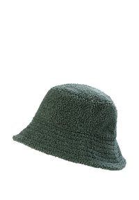 Cappello a secchio verde texturizzato con un esterno morbido e peloso, dotato di un'ampia visiera e una corona arrotondata. Adatto per abbigliamento casual.