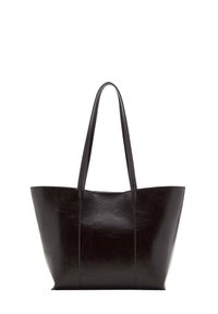 Borsa tote in pelle nera con texture liscia, corpo largo e due manici lunghi. Presenta cuciture verticali per un tocco di design aggiuntivo.