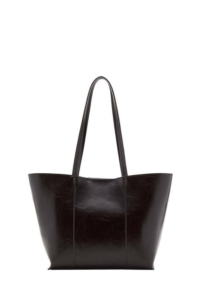 Borsa tote in pelle nera con texture liscia, corpo largo e due manici lunghi. Presenta cuciture verticali per un tocco di design aggiuntivo.