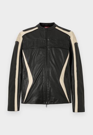 Veste en cuir noire avec accents crème, fermeture éclair, col montant et logo "DIESEL" en relief sur la poitrine. Finition texturée et coupe ajustée.