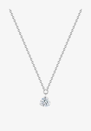 Ezüst lánc nyaklánc, szív alakú, tiszta gyémánt medállal, amely a facettáknak és a fényes felületnek köszönhetően kiemeli szépségét.