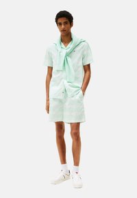 Camicia a maniche corte verde menta chiaro e pantaloni corti abbinati con un motivo sottile. Maglione annodato attorno alle spalle, abbinato a sneaker bianche.