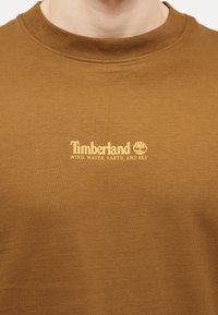 Άνδρας που φοράει καφέ μπλούζα Timberland με λογότυπο και κείμενο "Άνεμος, Νερό, Γη και Ουρανός" στο στήθος, κοντινή όψη του άνω κορμού.