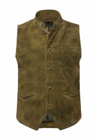 Chaleco de ante marrón con un cuello alto, cinco botones en el frente, dos bolsillos frontales en ángulo y un pequeño bolsillo en el pecho. Presenta costuras decorativas.