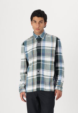 Plaid shirt in blue, green, and white hues, featuring a button-up design, collar, and long sleeves. Textured fabric with contrasting accents.