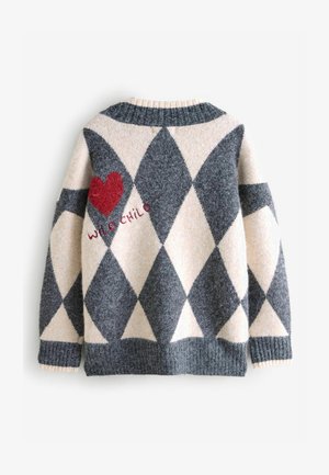 Maglione lavorato a maglia con un motivo a rombi in grigio e crema, decorato con un motivo a cuore rosso e dettagli ricamati "WILD CHILD". Collo e orlo a coste.