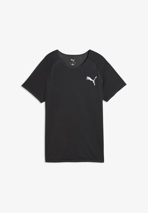 T-shirt de sport noir avec un col rond et des manches courtes. Tissu texturé avec un logo Puma blanc sur le côté gauche de la poitrine.