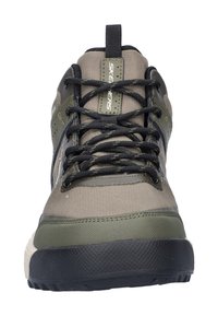 Hiking sneakers in green and gray tones, featuring a textile upper, textured rubber sole, and black laces. Sturdy design.