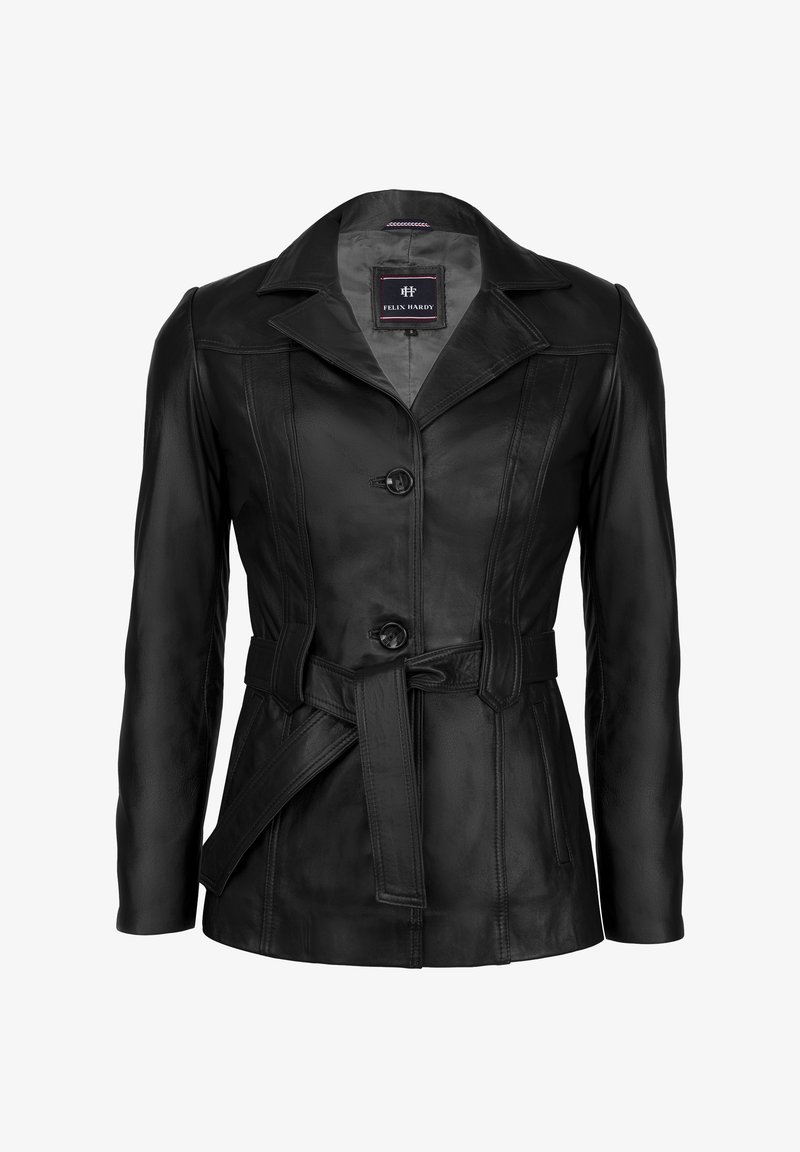 Must musta jope, millel on mugav disain, soonikuga krae, kolme nööbiga kinnclosure, iseköituv vöö ja küljetaskud. Sile tekstuur.