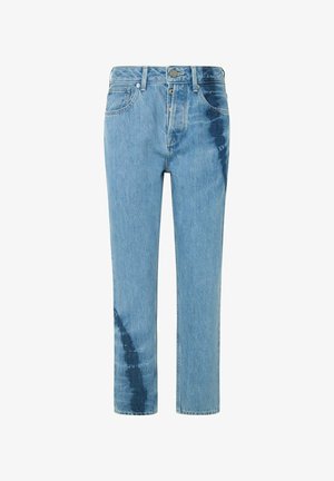 Calças de ganga azul claro com perna reta, lavagem desbotada e um padrão de tie-dye escuro de um lado. Apresenta cinco bolsos e um botão de metal.