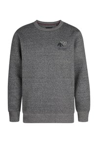 Sweat-shirt gris foncé à col rond, manches longues avec un petit logo de plante noir et blanc sur la poitrine gauche.