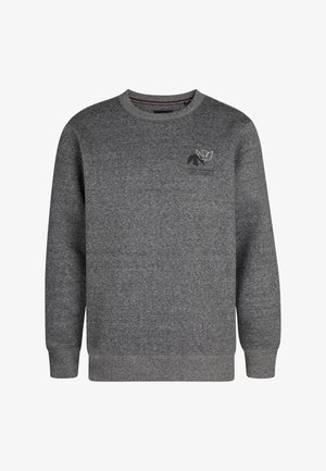 Enfant debout portant un sweat-shirt gris à manches longues, un jean bleu clair et des baskets blanches sur un fond blanc uni.