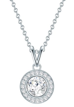 Silbernes Anhänger-Halsband mit einem runden, klaren zentralen Stein, der von kleineren funkelnden Steinen umgeben ist, mit einem V-förmigen Anhänger und einer verbundenen Kette.