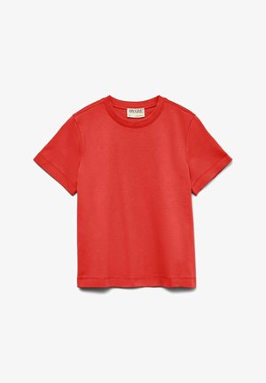 Rood T-shirt met korte mouwen van gladde stof. Voorzien van een ronde halslijn en gestikte manchetten, met een minimalistisch ontwerp.