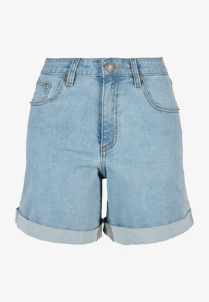 Heledad sinine teksapaaridega lühikesed püksid, keeratud servadega, ees nupuga kinnitamine, viie-tasku disain ja kontrastõmbluste detailid.