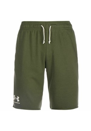 Pantalones cortos deportivos verdes con una cintura elástica y cordón blanco. Presenta un logo impreso en blanco en la parte inferior de la pierna izquierda.