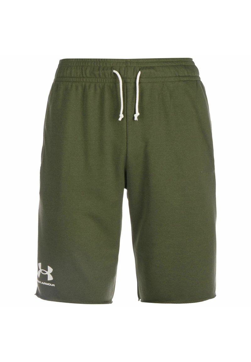 Pantalones cortos deportivos verdes con una cintura elástica y cordón blanco. Presenta un logo impreso en blanco en la parte inferior de la pierna izquierda.