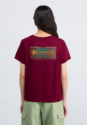 Maroon cotton t-shirt with short sleeves. Back features a colorful Columbia Sportswear Company logo in a rectangular design.