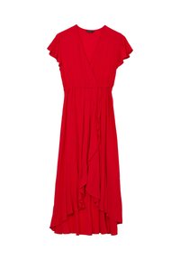 Vestito avvolgente rosso con maniche corte a campana, vita arricciata e orlo asimmetrico con ruches.