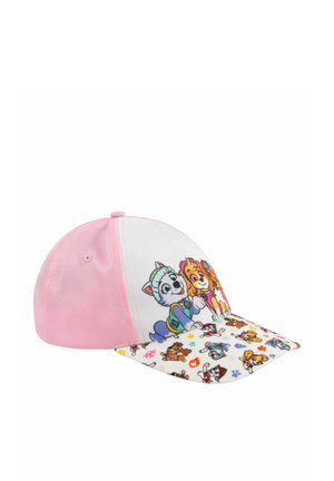 Pink and white children's cap featuring colorful cartoon dogs on the front panel and brim with paw prints and paw-themed icons.