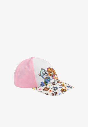 Cappellino per bambini rosa e bianco con colorati cani dei cartoni animati sul pannello frontale e la visiera con impronte di zampe e icone a tema zampe.