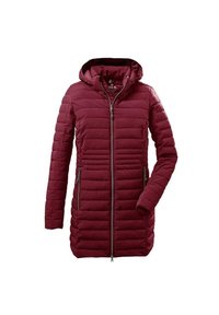 Chaqueta acolchada burdeos con capucha, con diseño de acolchado horizontal, cremallera frontal y dos bolsillos laterales. Textura suave y ligera.