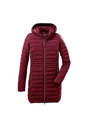 Bordeaux farvet polstret jakke med hætte, med vandret quiltet design, frontlynlås og to sidelommer. Glat tekstur og letvægts.