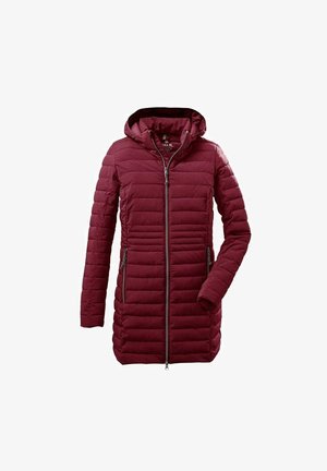 Burgundin värinen vuorattu takki, jossa on huppu, vaakasuuntainen tikkikuvio, etuvetoketju ja kaksi sivutaskua. Sujuva rakenne ja kevyt.