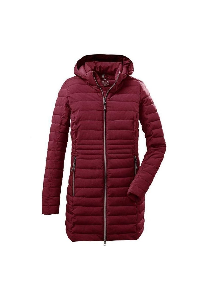 Chaqueta acolchada burdeos con capucha, con diseño de acolchado horizontal, cremallera frontal y dos bolsillos laterales. Textura suave y ligera.