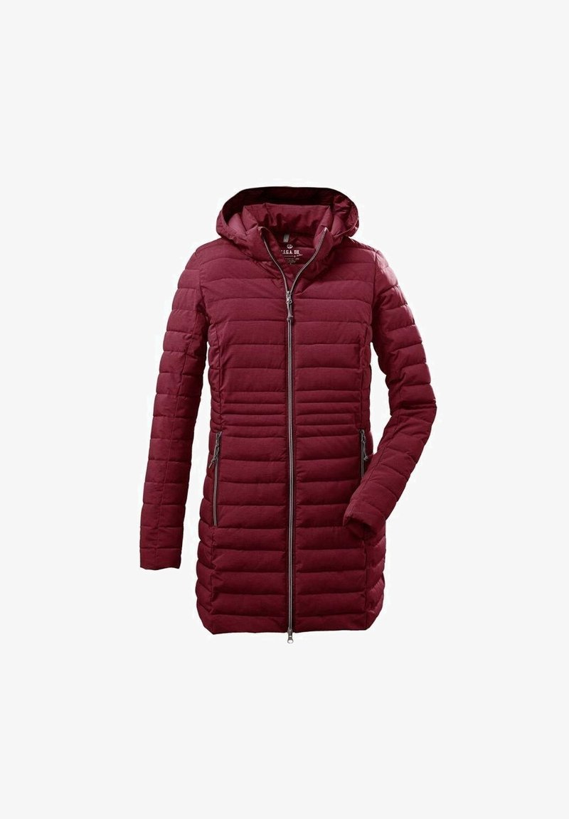 Chaqueta acolchada burdeos con capucha, con diseño de acolchado horizontal, cremallera frontal y dos bolsillos laterales. Textura suave y ligera.