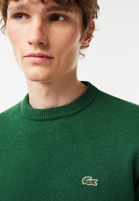 Su�éter de punto verde con un cuello redondo acanalado y un pequeño logo bordado en el pecho. Textura suave y diseño ajustado.