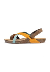 Multi-colored sandal featuring brown, orange, and aqua suede straps. Cork sole provides texture; adjustable back strap for fit.