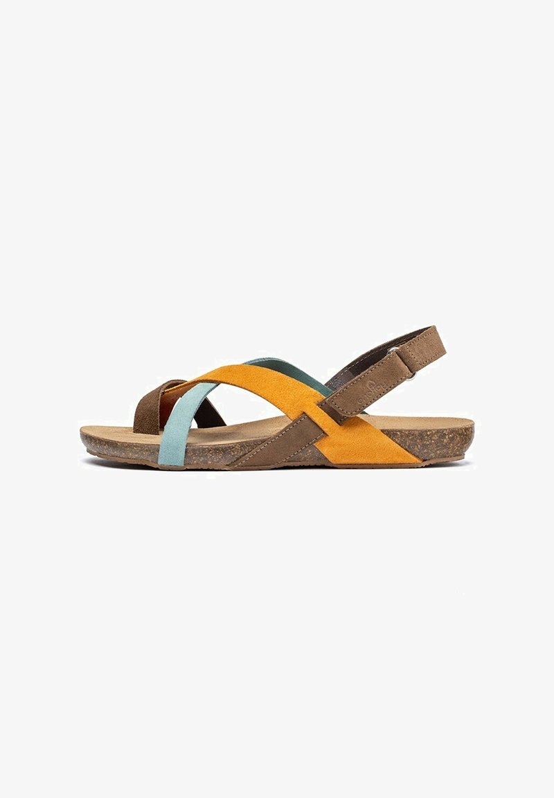 Multi-colored sandal featuring brown, orange, and aqua suede straps. Cork sole provides texture; adjustable back strap for fit.