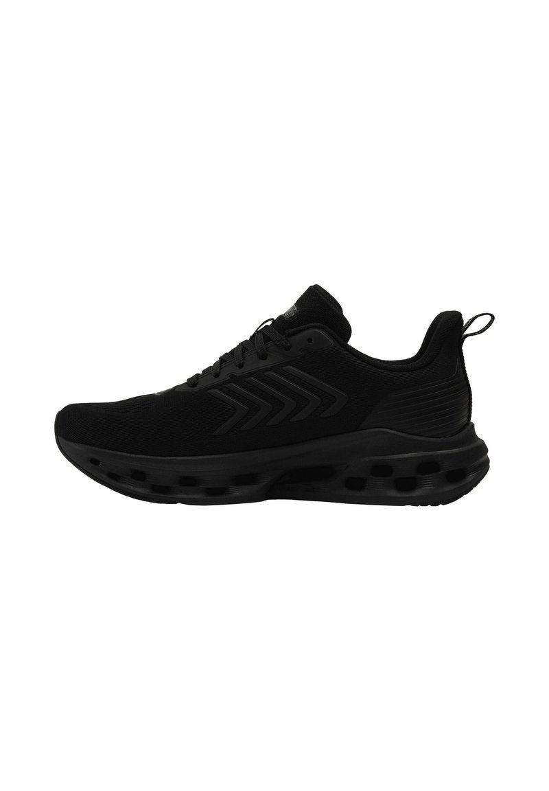 Czarne buty sportowe z teksturowaną cholewką, tradycyjnym systemem sznurowania oraz amortyzowaną podeszwą z widocznymi kieszeniami powietrznymi dla wsparcia.