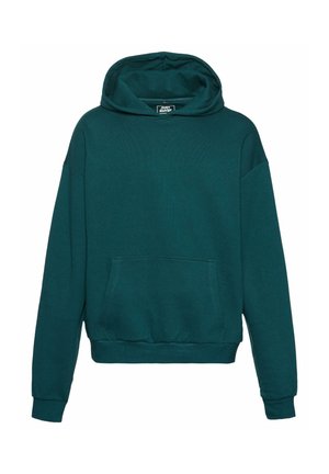 Felpa con cappuccio teal realizzata in tessuto di cotone misto. Presenta una tasca frontale, polsini a costine e cappuccio con lacci.