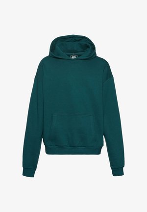 Teal színű, pamut keverék anyagból készült pulóver kapucnival. Elülső zsebe, bordázott mandzsettái és húzózsinóros kapucnija van.