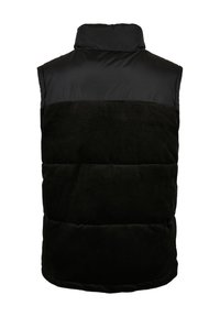 Vest puffer negru cu guler înalt. Secțiunea superioară din material neted, iar partea de jos din catifea încrețită. Design în panouri cu o textură moale pe tot parcursul.