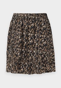 Svart kjol med elastisk midja, med en texturerad tyg och ett spritt abstrakt mönster i beige och brunt.