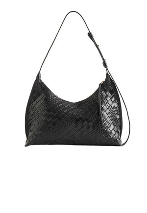 Black woven leather handbag with a slouchy silhouette, a single strap, and a zippered top closure. Textured surface with a geometric pattern.