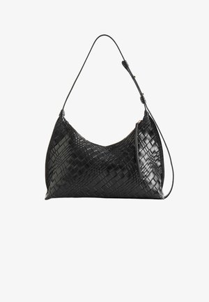 Black woven leather handbag with a slouchy silhouette, a single strap, and a zippered top closure. Textured surface with a geometric pattern.