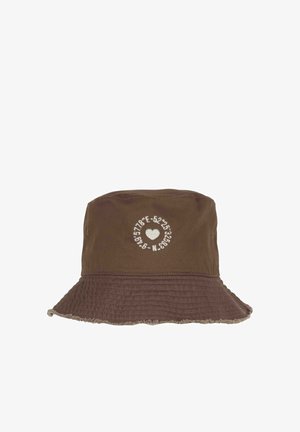 Brown bucket hat with frayed edge and white embroidered heart surrounded by GPS coordinates on the front.