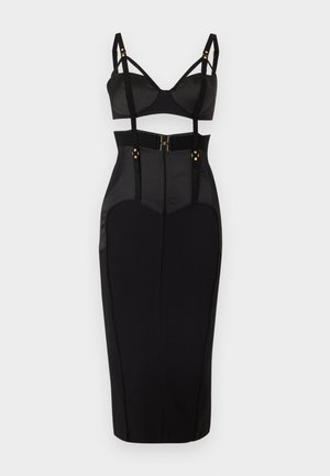 Melna pieguļoša midi kleita ar izgriezumu vidukļa zonā, regulējamām lencēm un zelta toņa metāla detaļām.