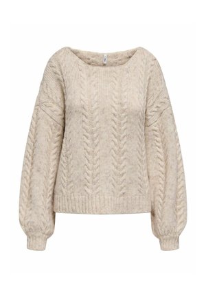 Maglione a treccia color crema con scollatura ampia, spalle scese e polsi a coste. Texture morbida e vestibilità rilassata.