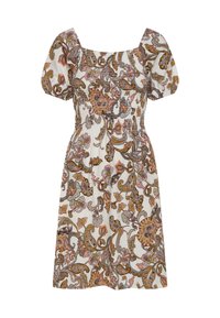 Robe avec des manches courtes bouffantes, décolleté carré et taille cintrée, présentant un motif floral et paisley détaillé dans des tons doux de rose, marron et moutarde.
