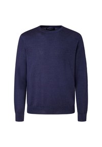 Marineblauer Strickpullover, Rundhalsausschnitt, lange Ärmel, glatte Textur, gerippte Bündchen und Saum, ohne Muster oder Akzente.
